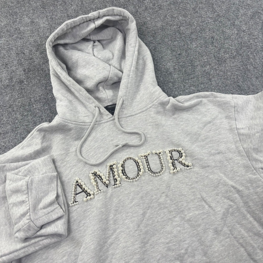 Forever 21 Hoodie Large‎ Gray Pearl Amour Graphic Sweatshirt Womens